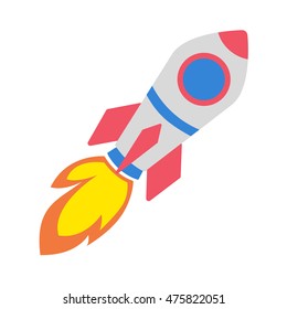 Isolated flying rocket on white background. Concept of startup, new idea and new space. Colorful cartoon space rocket.
