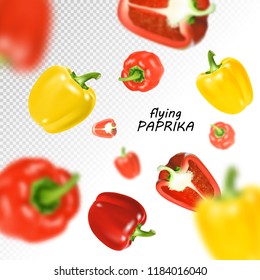 Isolated flying vegetables. Falling sweet red and yellow paprika isolated on transparent background. Realistic vector, 3d illustration