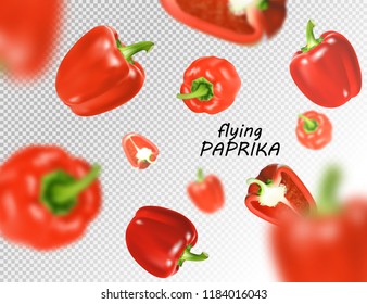 Isolated flying vegetables. Falling sweet red paprika isolated on transparent background. Realistic vector, 3d illustration