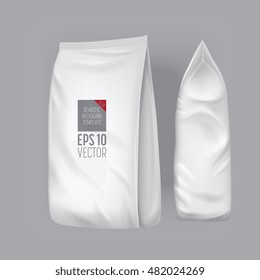 Isolated foil bag, blank food packaging. Foil bag for chips, coffee, sachet, cookies, sweet. Packaging mock up. 