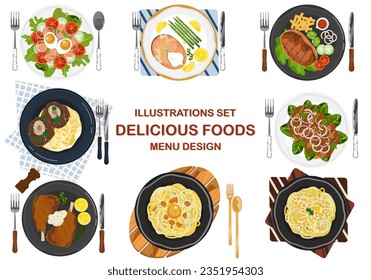 Isolated food icon vector illustration of top view delicious food on the restaurant table. Vegetable salad menu. Beef steak. Salmon steak, spaghetti. Lamb ribs, slices, rice.