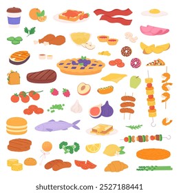 Isolated food icons set. Breakfast lunch dinner products and meals. Burger sandwich pie bread buns peach apple fish meat steak sausages vegetables vector set