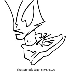 Isolated foot in sneakers black and white vector sketch, draft, simple drawing