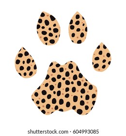 Isolated footprint of cheetah with skin print on white background.