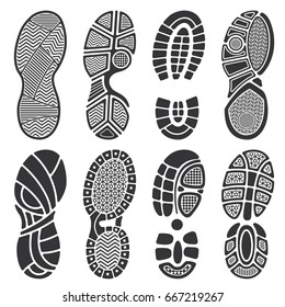 Isolated footprint vector silhouettes. Dirty shoes and sneakers footprints. Black footprint and illustration of imprint track step