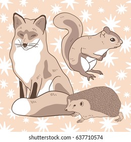 isolated forest animals images (a fox, a squirrel and a hedgehog)