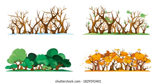 Bosque aislado en diferentes épocas del año. Cuatro temporadas al estilo de las caricaturas.