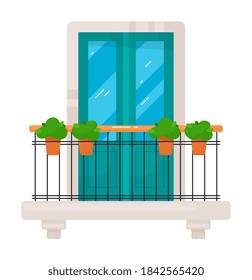Isolated forged balcony with flower cachepot, plastic window
