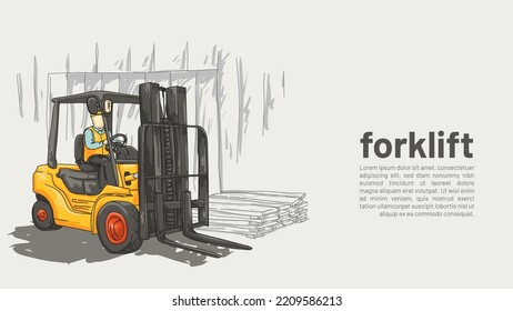 isolated forklift. heavy equipmet rough drawing with editable copy space vector illustration.
