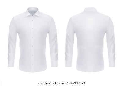 Isolated Formal White Shirt With Buttons For Business Or Man Long Sleeve Official Cloth . Empty Or Blank Realistic Dress With Collar. Front And Back For Uniform. Closeup Or Mockup For Male Apparel