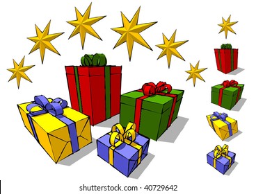 Isolated four cartoon gift boxes with stars