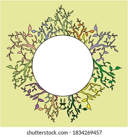 Isolated frame with colored branches with leaves on a yellow background stylized with a white circle for text