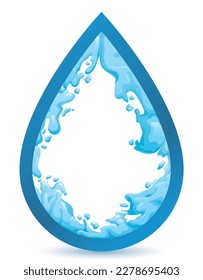 Isolated frame in the shape of a drop with water splashes and droplets inside it, over white background.