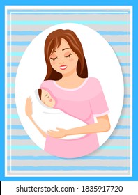 Isolated in frame with stripes cartoon character. Mother with baby on hands or newborn. Motherhood concept. Sleeping baby in mother's hands. Young smiling parent holding little daughter or son