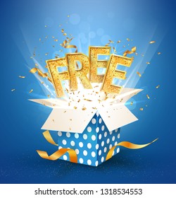 Isolated Free golden word and blue gift box vector object on blue background. Gratis delivery