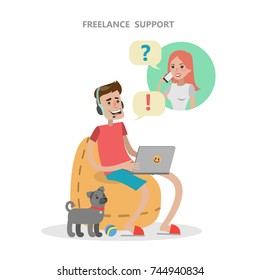 Isolated freelance support. Man with headset answering the call.