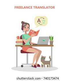 Isolated freelance translator with dictionaries and headset.