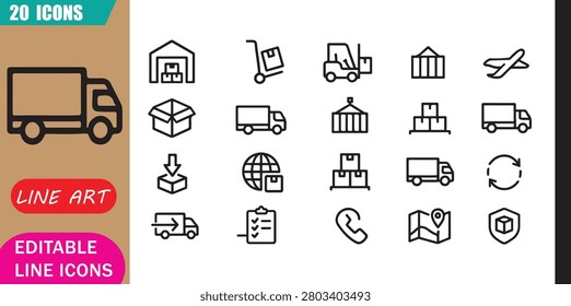 Isolated freight logistics icons set, 20 editable line art icons set, freight cargo, transport logistics shipping, supply chain delivery, export import theme style, clean outline vector