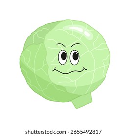 Carácter de repollo fresco aislado sobre fondo blanco. Ilustración vectorial vegetal para el entretenimiento de los niños, libro de actividades, cómic.