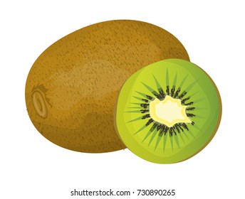 Isolated fresh kiwi with slice on white background.