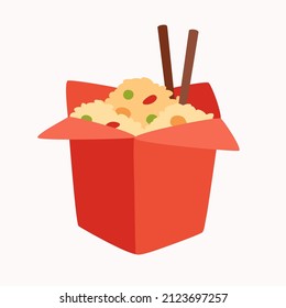 Caja de almuerzo aislada de arroz frito con fondo blanco. Imagen vectorial de la comida callejera asiática en caricatura de estilo plano.