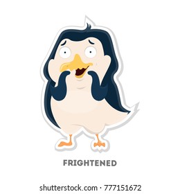 Isolated frightened cartoon penguin on white background.