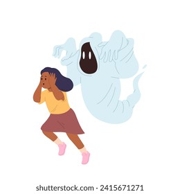 Isolated frightened girl child cartoon character touching head screaming running away from ghost