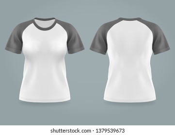 Isolated Front And Back Of Woman T-shirt Raglan. Blank Women Shirt Template With U-neck And Gray, Grey Sleeves. Print Background. 3d Wear Template Or Realistic Female Uniform. Mockup Or Mock-up