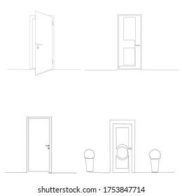  Isolated, Front Door Drawing In One Continuous Line, Set