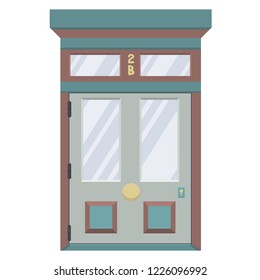 Isolated front door with number signs. Patel colours. White background. Flat style vector illustration.