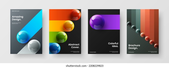 Isolated front page A4 design vector illustration collection. Clean 3D balls brochure concept composition.