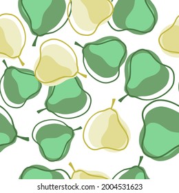 Isolated fruit seamless pattern with green contoured pears shapes. White background. Organic backdrop. Designed for fabric design, textile print, wrapping, cover. Vector illustration.
