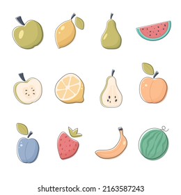 Conjunto de frutas aisladas. Ilustración vectorial con manzana, pera, limón, sandía, durazno, ciruela, fresa y plátano