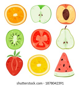 Isolated fruit slices collection. Set of various elements: apple, citruses, watermelon, peach, kiwi, tomato, strawberry. Fresh summer juice ingredients cartoon clipart.