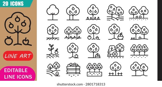 Isolated fruit tree icons set, 20 editable line art icons set, fruit tree, orchard agriculture nature, harvest plant farming, botanical growth theme style, clean outline vector