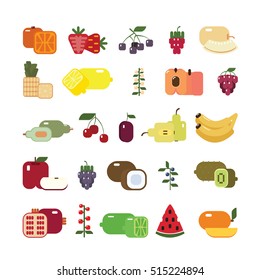 Isolated fruits set. Colorful sweet fruits on white background. All kinds like melon, kiwi, bananas, apples and others.