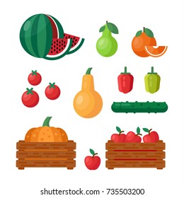 Isolated fruits and vegetables set: apples, orange, pear, watermelon, pumpkin and pepper. Flat vector illustration set.