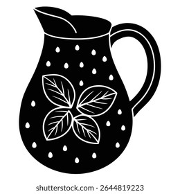 Isolated full black outline of a pitcher showing a handle, a spout, and a round body featuring white spots and a four-leaf clover.