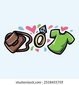 Isolated fun colored icons of bag ring and clothes with simple classic vintage art line hand draw style
