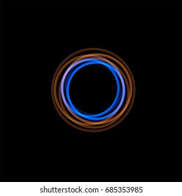 Isolated funnel abstract logo, linear unusual shape, circular line logotype. Luminous hoops, rings, wheel graphic illustration on the black background.