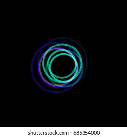 Isolated funnel abstract logo, linear unusual shape, circular line logotype. Luminous hoops, rings, wheel graphic illustration on the black background.