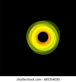 Isolated funnel abstract logo, linear unusual shape, circular line logotype. Luminous hoops, rings, wheel graphic illustration on the black background.