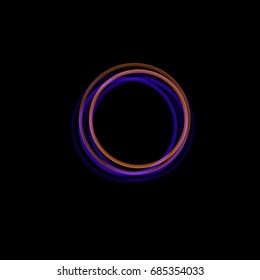Isolated funnel abstract logo, linear unusual shape, circular line logotype. Luminous hoops, rings, wheel graphic illustration on the black background.