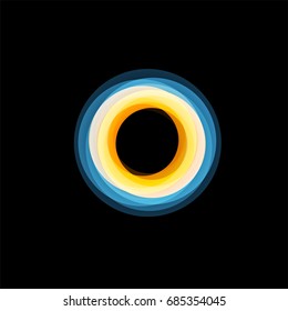 Isolated funnel abstract logo, linear unusual shape, circular line logotype. Luminous hoops, rings, wheel graphic illustration on the black background.