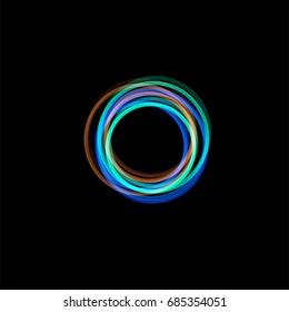 Isolated funnel abstract logo, linear unusual shape, circular line logotype. Luminous hoops, rings, wheel graphic illustration on the black background.