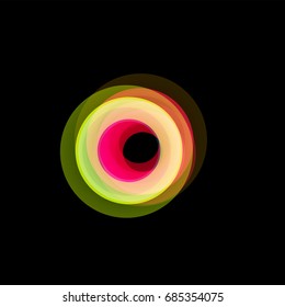 Isolated funnel abstract logo, linear unusual shape, circular line logotype. Luminous hoops, rings, wheel graphic illustration on the black background.