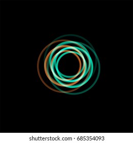 Isolated funnel abstract logo, linear unusual shape, circular line logotype. Luminous hoops, rings, wheel graphic illustration on the black background.