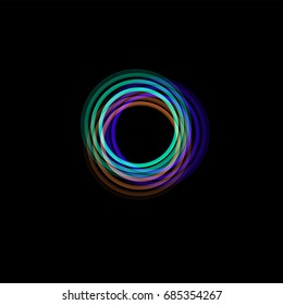 Isolated funnel abstract logo, linear unusual shape, circular line logotype. Luminous hoops, rings, wheel graphic illustration on the black background.