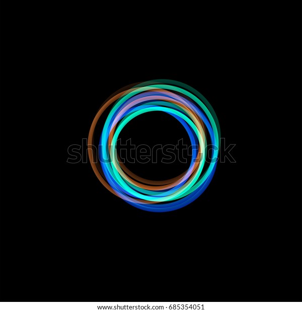 Isolated funnel abstract logo, linear unusual\
shape, circular line logotype. Luminous hoops, rings, wheel graphic\
illustration on the black\
background.