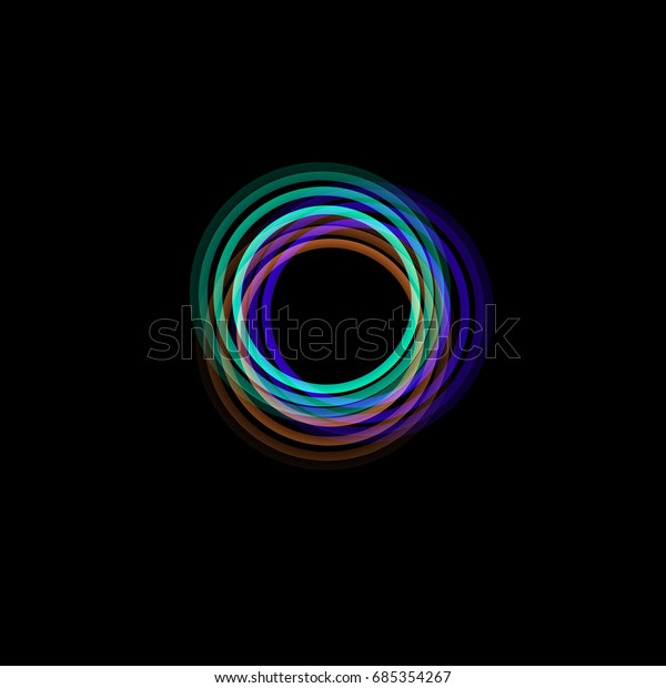 Isolated funnel abstract logo, linear unusual\
shape, circular line logotype. Luminous hoops, rings, wheel graphic\
illustration on the black\
background.